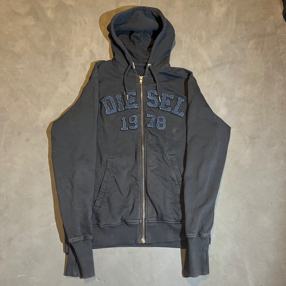 Diesel 1978 Mens Full Zip Hoodie Faded Black Distressed Spellout Logo Size L